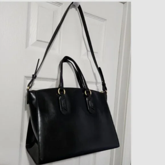 LRL RALPH LAUREN GLAZED LEATHER SATCHEL HAND BAG with GOLD Logo HARDWARE - Picture 11 of 16